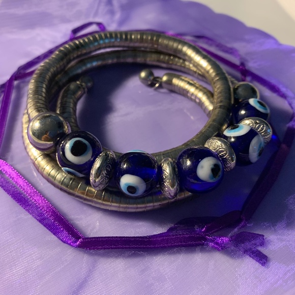 Silver Coil Evil Eye Bracelet/Choker – Blue Glass Beads, Wrap Style, Adjustable - Picture 6 of 9